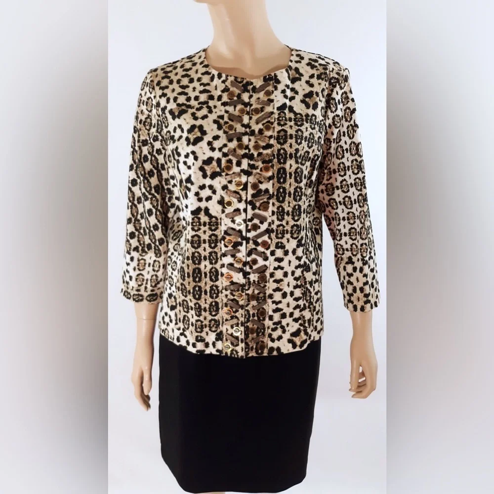 Ruby Rd. Leopard Print Button-Up Jacket in Black, Brown & Cream
